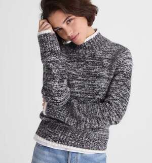 Madewell Marled Mock Neck Cotton Blend Sweater in Black and White Marl